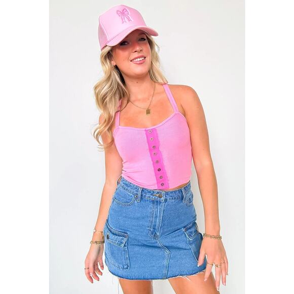 POL Tops - POL Button-Up Detail Tank Top with Back Cross Straps in Pink – Size Medium